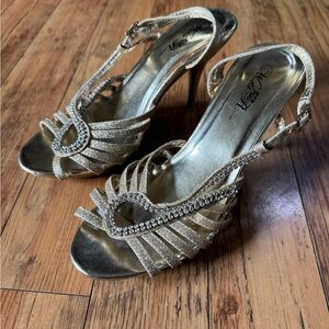 2000s Gold glittery strappy heels with rhinestones
